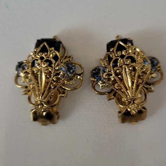 Vintage Mid Century Czech Filigree & Blue Glass Brooch & Earring Set